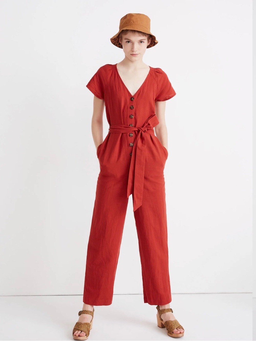 Madewell Linen-Cotton Pleat-Sleeve Jumpsuit in Dark Cinnabar Size 6